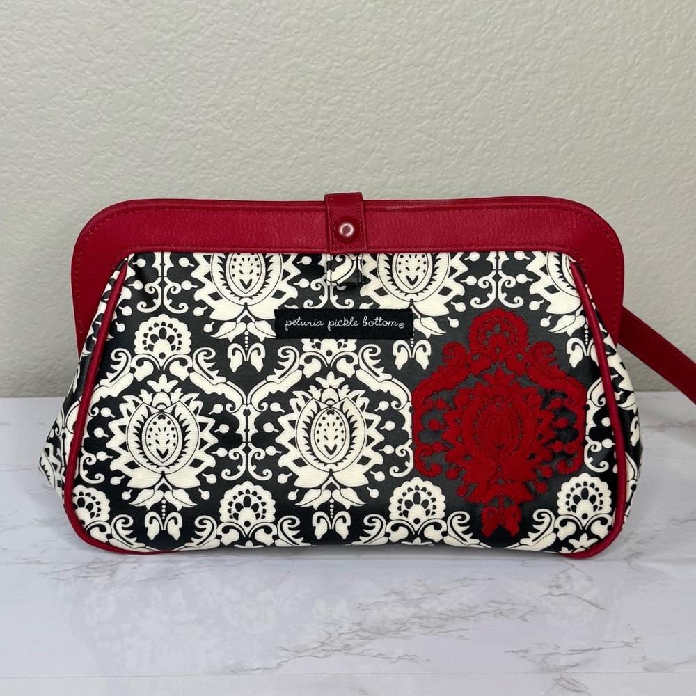 Petunia Pickle Bottom Red and Black Damask Embroidered‎ Flower Clutch Diaper Bag